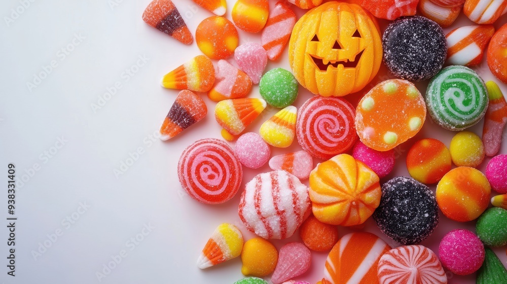 Fototapeta premium Spooky Sweetness - Assorted Halloween Candy Collection on White Background