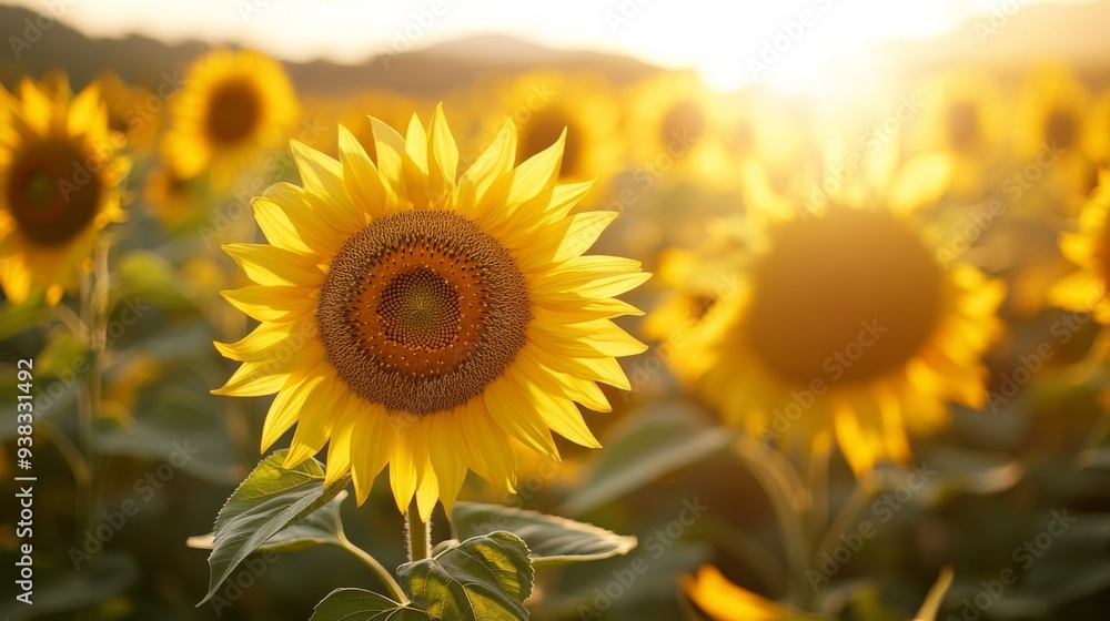 Obraz premium Close-up of a field of blooming sunflowers, with the sun casting a warm glow on their bright yellow petals