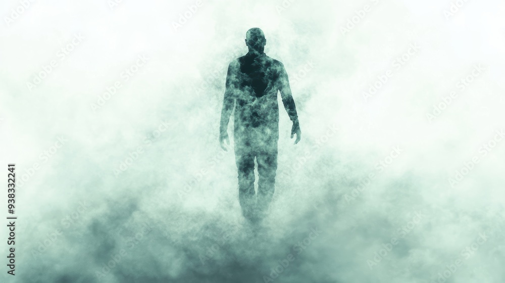 Eerie Ghostly Figure Emerging from Mist in Spooky Atmosphere on White Background Eerie Ghostly Figure Emerging from Mist in Spooky Atmosphere on White Background