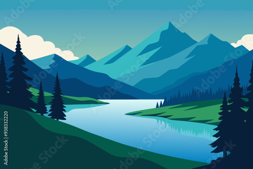 Serene Mountain Lake Framed by Lush Trees and Grass art vector illustration