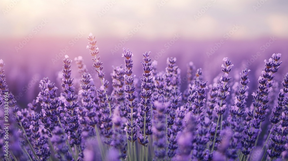 Naklejka premium Close-up of a field of lavender in full bloom, with rows of purple flowers and a soft, hazy background
