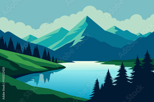 Serene Mountain Lake Framed by Lush Trees and Grass art vector illustration
