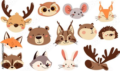 Set of flat vector illustrations. Forest animals, muzzles and faces bear mouse hare elk deer hedgehog fox squirrel raccoon beaver lynx owl. Vector illustration