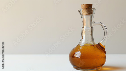 A clear glass bottle with a light amber liquid inside, a cork stopper, and a handle.