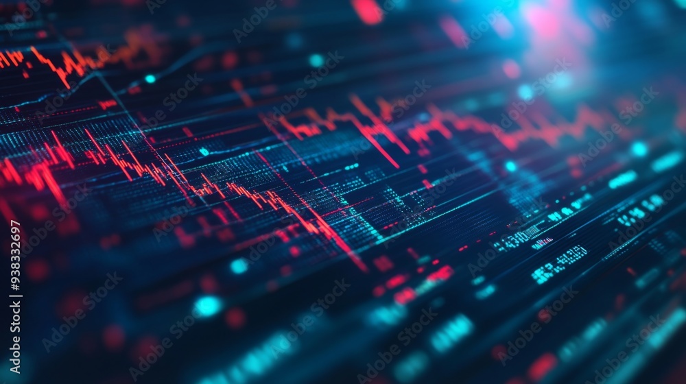 Close-up of a financial chart featuring real-time stock prices and market volatility indicators on a screen Close-up of a financial chart featuring real-time stock prices and market volatility indicators on a screen