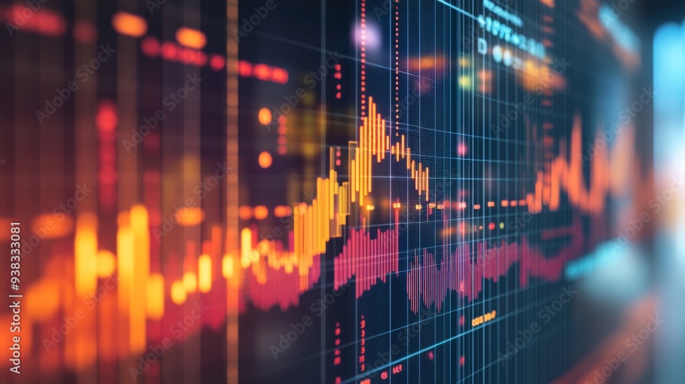 Close-up of a financial chart with upward trends and stock market data, with a blurred office background Close-up of a financial chart with upward trends and stock market data, with a blurred office background