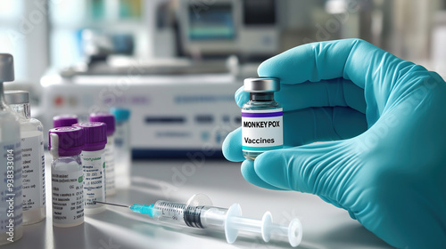 Monkeypox vaccine vial in laboratory, doctor's hand holding monkeypox vaccine in lab, monkeypox virus awareness