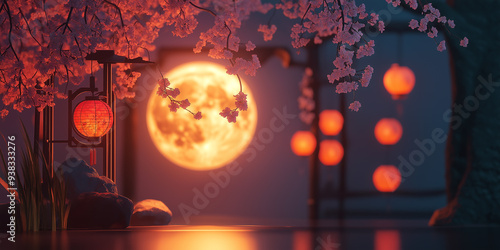 Aesthetic 3D Render of Glowing Moon and Lanterns - Warm Toned Mid-Autumn Festival Background
