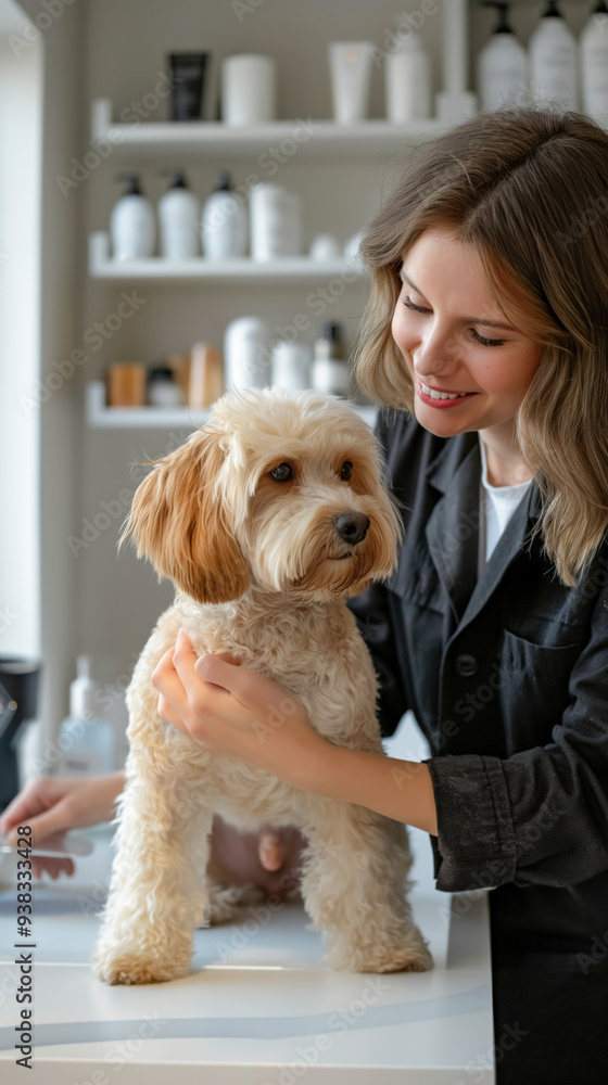 Female groomer gently holding and grooming a small dog in a well-organized pet grooming salon, reflecting care and professionalism in pet care. Female groomer gently holding and grooming a small dog in a well-organized pet grooming salon, reflecting care and professionalism in pet care.