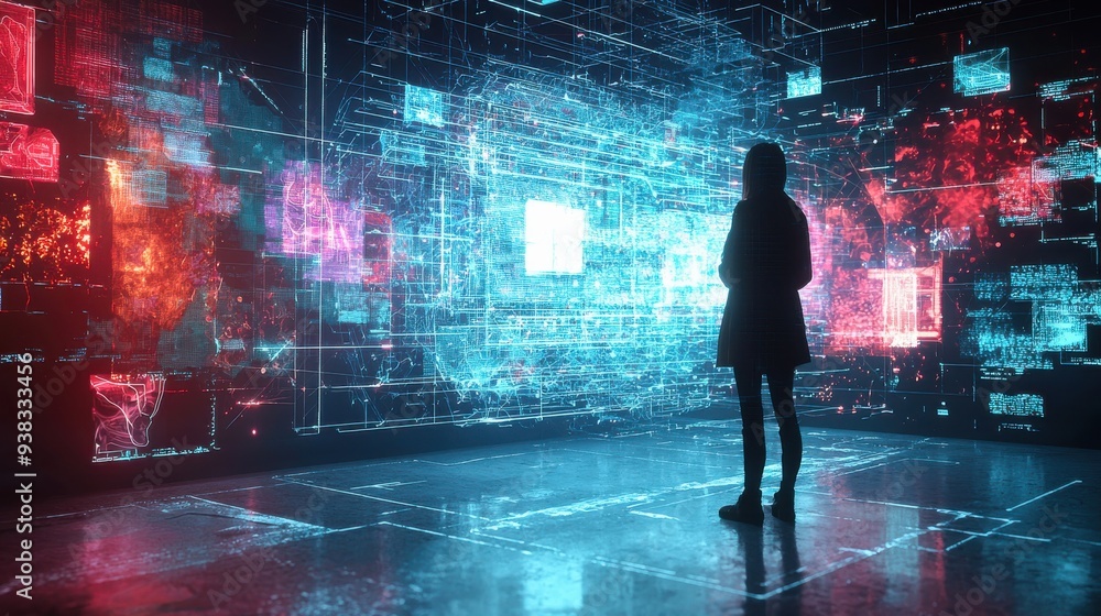 An artist using AI-generated tools to create digital artwork, with a futuristic interface suggesting color schemes, compositions, and design elements based on real-time data. An artist using AI-generated tools to create digital artwork, with a futuristic interface suggesting color schemes, compositions, and design elements based on real-time data.