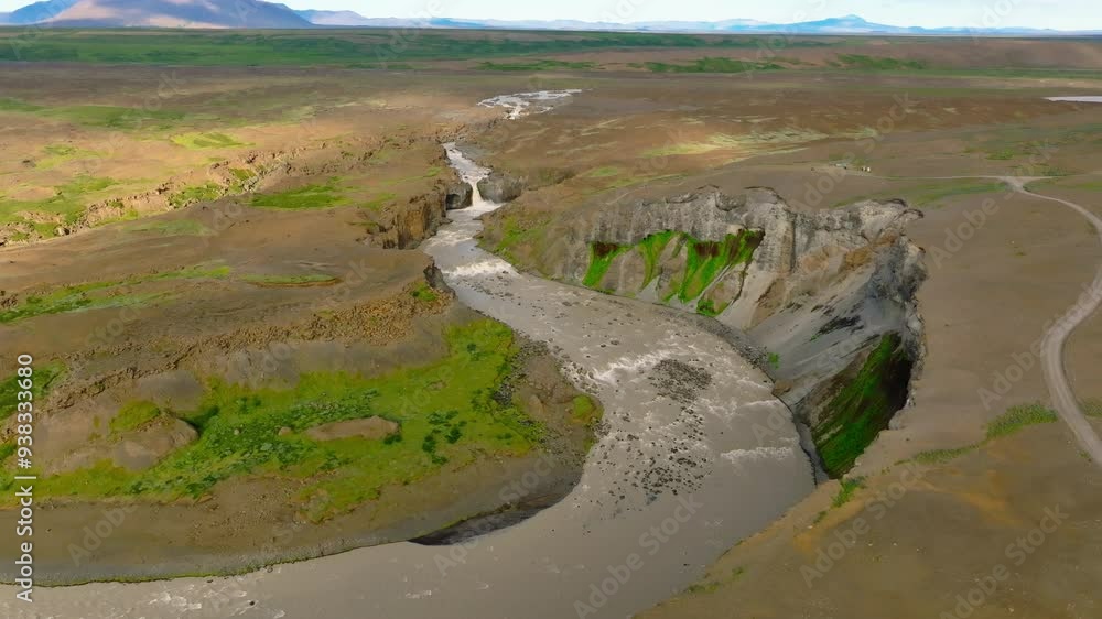 Aerial view of the area around Aldeyjarfoss waterfall in the highlands of Iceland. Aerial view of the area around Aldeyjarfoss waterfall in the highlands of Iceland.