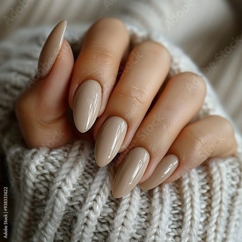 Woman's hand close up, tan skin, beautiful nails painted beige photo