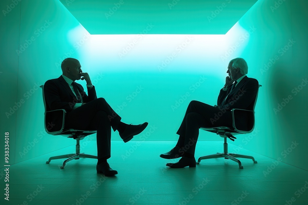 Two businessmen in suits, seated and discussing in a futuristic, green-lit room, both in silhouette. Two businessmen in suits, seated and discussing in a futuristic, green-lit room, both in silhouette.