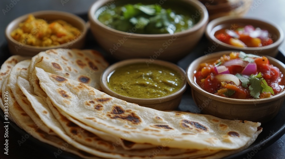 Close-up of a freshly made roti with a slightly crispy edge, accompanied by a variety of colorful side dishes and chutneys Close-up of a freshly made roti with a slightly crispy edge, accompanied by a variety of colorful side dishes and chutneys