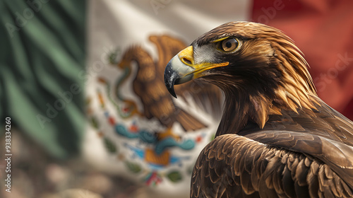 Golden eagle in a powerful composition with the vibrant colors of the Mexican flag in the background, symbolizing patriotism, cultural heritage, and the strength of national identity.