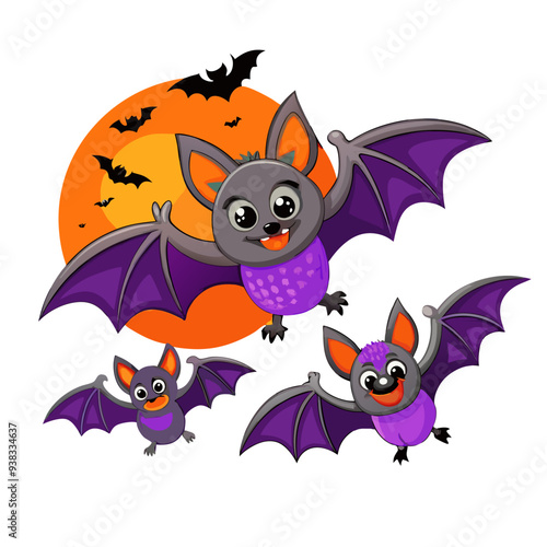 Playful Purple and Orange Bats in Flight Cartoon Illustration - Whimsical and Creative Design Ideal for Children's Halloween Theme, Adorable and Fun Halloween Decoration Concept