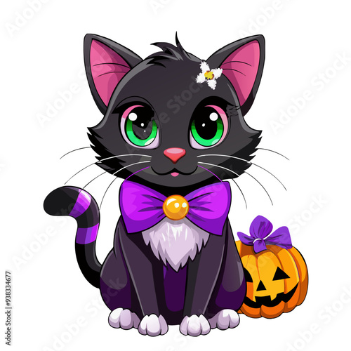 Playful and Attractive Cartoon Black Cat with Purple and Orange Colors Perfect for Children's Halloween Theme, Friendly and Quirky Illustration for Kid-Friendly Festive Decor and Creative Holiday Proj