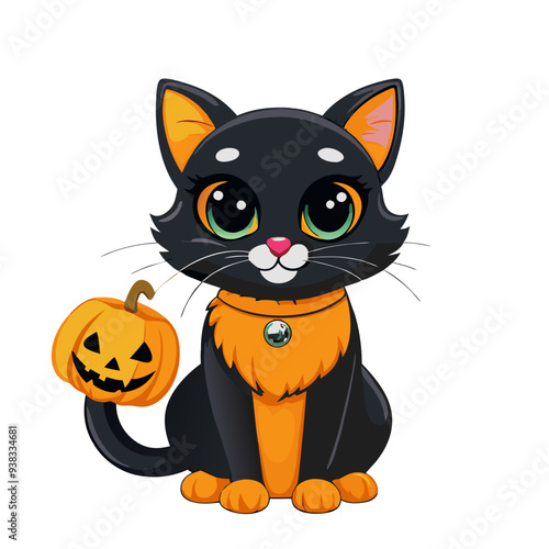 Playful and Quirky Black Cat Cartoon Illustration with Purple and Orange Colors, Perfect for Children's Halloween Decorations and Celebrations, Friendly and Fun Design Ideal for Kid-Friendly Festive 