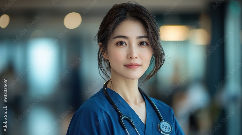 Portrait of Middle-Aged Asian Female Doctor in Blue Scrubs with Stethoscope in Hospital Setting Portrait of Middle-Aged Asian Female Doctor in Blue Scrubs with Stethoscope in Hospital Setting