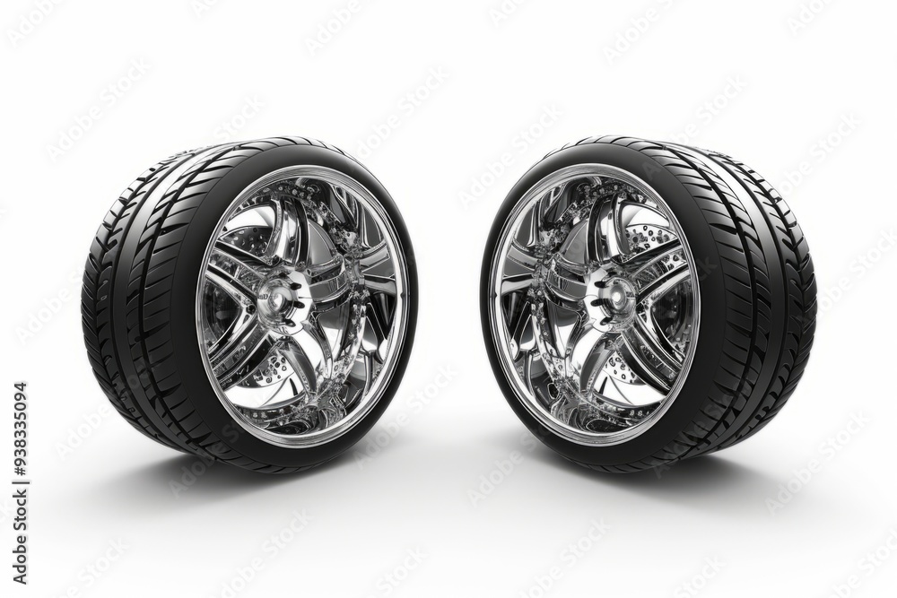 Pair of stylish black and silver car wheels with modern glossy rims. Minimalist design on white. Perfect for automotive ad. Enhances product detail and aesthetic appeal. Generative AI Pair of stylish black and silver car wheels with modern glossy rims. Minimalist design on white. Perfect for automotive ad. Enhances product detail and aesthetic appeal. Generative AI