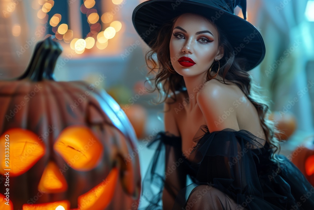 Fototapeta premium Young woman dressed as a witch with a black hat, off-shoulder outfit, and bold red lipstick, poses near a glowing jack-o'-lantern. The scene is illuminated by warm bokeh lights, Halloween atmosphere