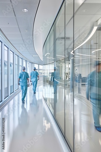 Medical staff walking through a modern, well-lit hospital corridor with glass walls and reflective surfaces photo