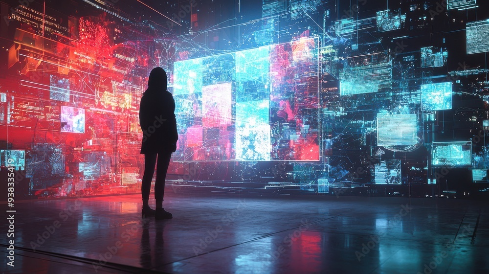 An artist using AI-generated tools to create digital artwork, with a futuristic interface suggesting color schemes, compositions, and design elements based on real-time data. An artist using AI-generated tools to create digital artwork, with a futuristic interface suggesting color schemes, compositions, and design elements based on real-time data.