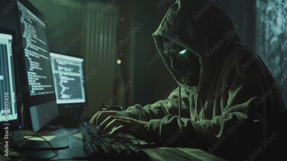 A masked hacker in a dark, shadowy room, typing on a keyboard with multiple screens displaying lines of code, creating an eerie and secretive atmosphere