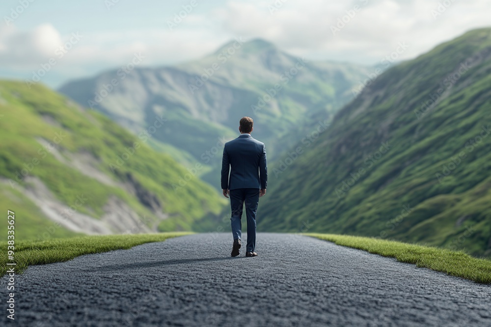 A man in a suit walks alone on an empty road surrounded by lush green hills, symbolizing solitude and journey in nature. A man in a suit walks alone on an empty road surrounded by lush green hills, symbolizing solitude and journey in nature.