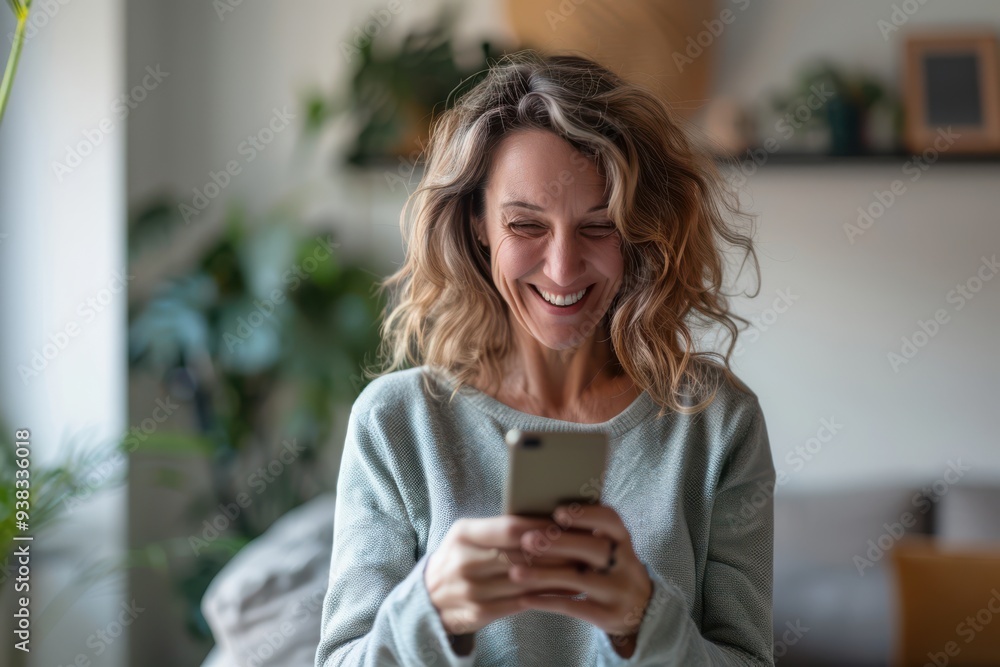 A woman with wavy blonde hair smiles brightly while using a smartphone. She is sitting in a cozy, well-lit living room with plants and soft furnishings