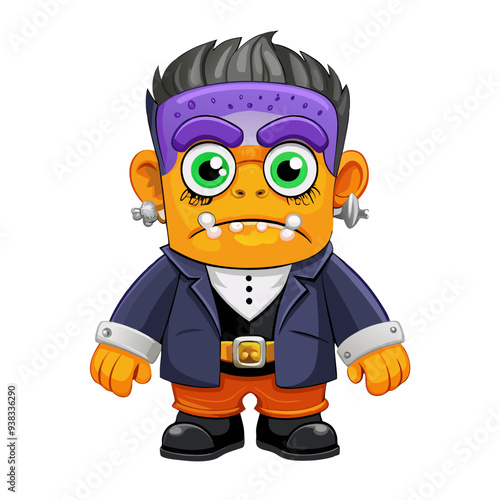Playful and Attractive Cartoon Illustration of Frankenstein in Vibrant Purple and Orange Colors, Perfect for Children's Halloween Themes with Friendly and Quirky Design Ideal for Spooky yet Fun Festiv