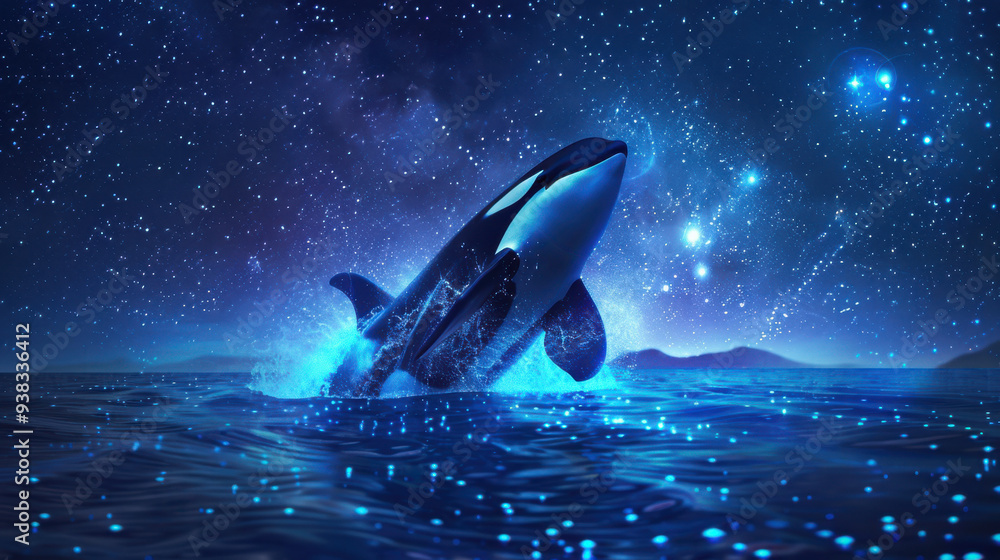 Obraz premium An artistic photograph of an orca breaching in a bioluminescent ocean at night, the water glowing with blue lights as the orca emerges, creating a surreal, magical atmosphere