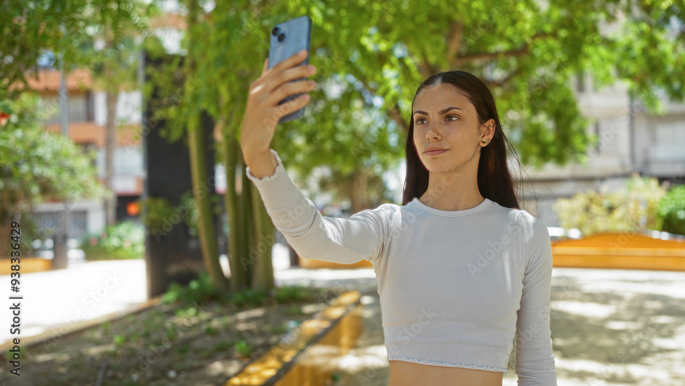 Young woman taking a selfie with her smartphone outdoors in a city park on a sunny day, surrounded by trees and urban buildings. Young woman taking a selfie with her smartphone outdoors in a city park on a sunny day, surrounded by trees and urban buildings.