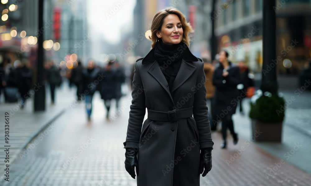 Portrait of a beautiful woman in a black coat walking on the street Portrait of a beautiful woman in a black coat walking on the street