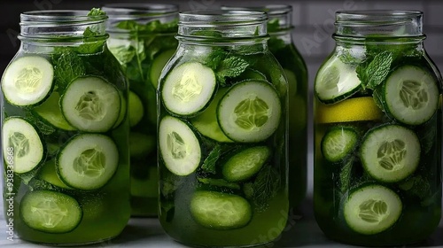  A jar of cucumbers and mint on a countertop