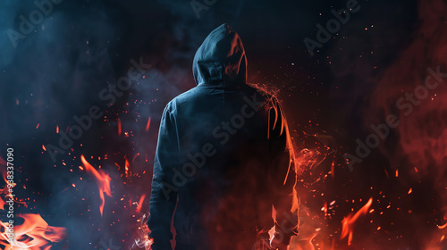 A person wearing a dark hoodie stands amidst a fiery background of red and blue flames.