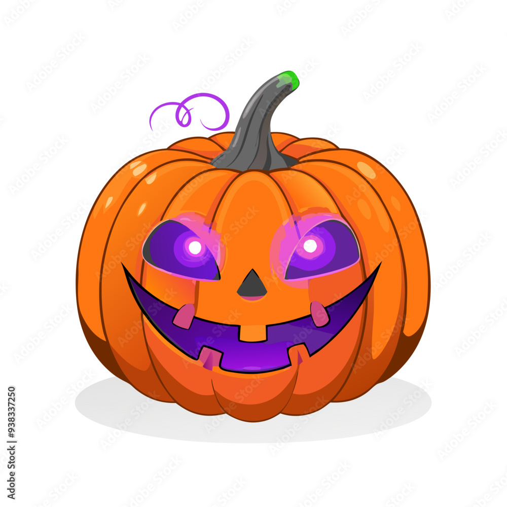 Fototapeta premium Glowing Jack-o'-Lantern: Vibrant Purple and Orange Colors in Playful Cartoon Illustration, Ideal for Children's Halloween Theme with Friendly and Quirky Design.