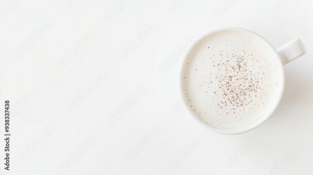 Minimalistic top view of a chai latte with frothy foam and sprinkled spices, set against a white background with ample copy space. Minimalistic top view of a chai latte with frothy foam and sprinkled spices, set against a white background with ample copy space.
