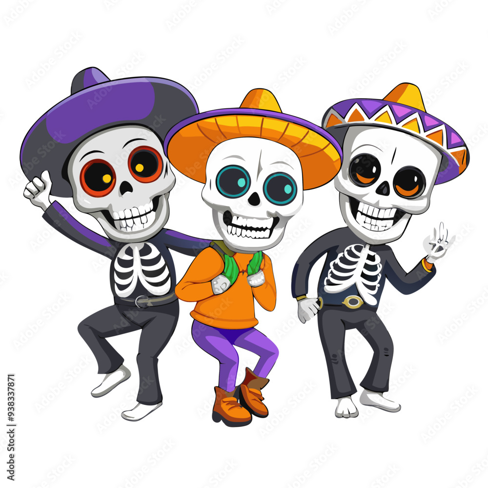 Playful and attractive cartoon illustration of purple and orange skeletons dancing, perfect for children's Halloween themes, featuring a friendly and quirky design ideal for festive holiday decoration Playful and attractive cartoon illustration of purple and orange skeletons dancing, perfect for children's Halloween themes, featuring a friendly and quirky design ideal for festive holiday decoration
