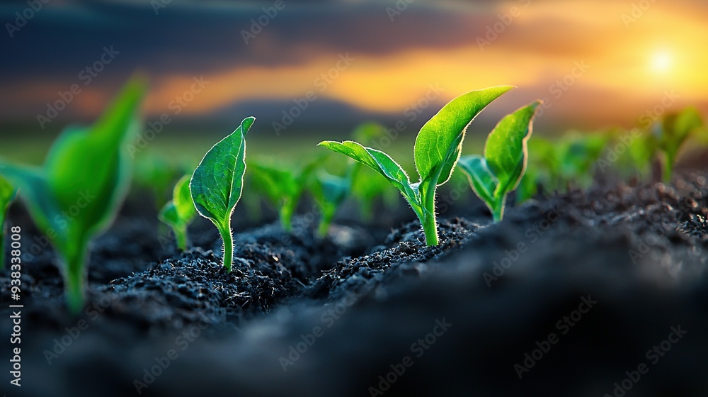 Fototapeta premium A close-up of green plants thriving in soil under a sunlit sky