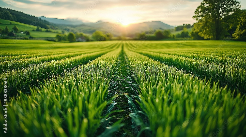 A serene scene of lush green grass bathed in the golden light of sunset, framed by majestic trees in the foreground A serene scene of lush green grass bathed in the golden light of sunset, framed by majestic trees in the foreground