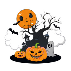 Crédence de cuisine  Whimsical Haunted House with Ghosts, Full Moon, and Bat in Spooky Fog on Isolated White Background, Vibrant Purple and Orange Cartoon Illustration for Children's Halloween Theme  © Nadezhda