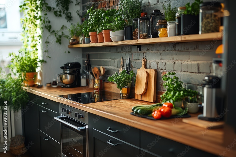 Stylish urban kitchen with greenery and natural light in a modern city apartment Stylish urban kitchen with greenery and natural light in a modern city apartment