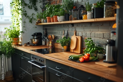 Stylish urban kitchen with greenery and natural light in a modern city apartment photo