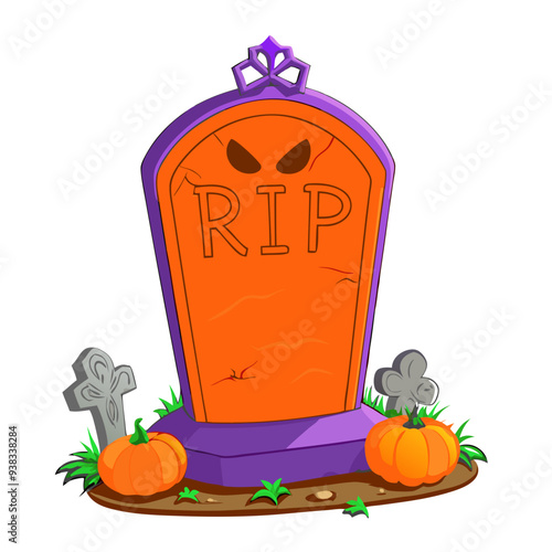 Vibrant Purple and Orange Tombstone: Playful Cartoon Illustration Ideal for Children's Halloween Theme, Featuring Friendly and Quirky Design Elements to Heighten Holiday Fun.