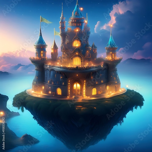 Fantasy Castle With Glowing Lights And Details Illustration photo