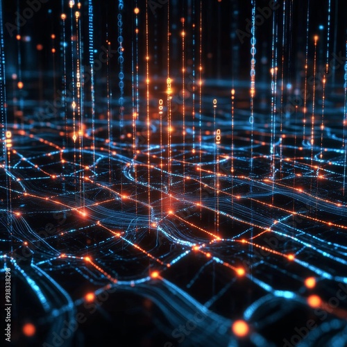 A detailed abstract data grid with glowing lines and nodes, creating a representation of a high-tech futuristic digital landscape. photo