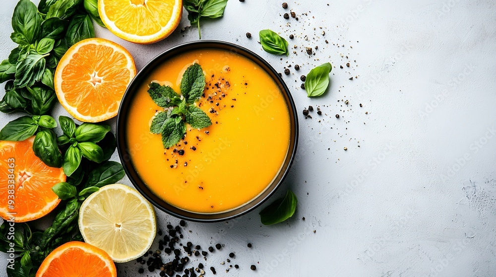 Carrot soup bowl with orange slices and mint leaves on a white background, garnished with spices and pepper Carrot soup bowl with orange slices and mint leaves on a white background, garnished with spices and pepper
