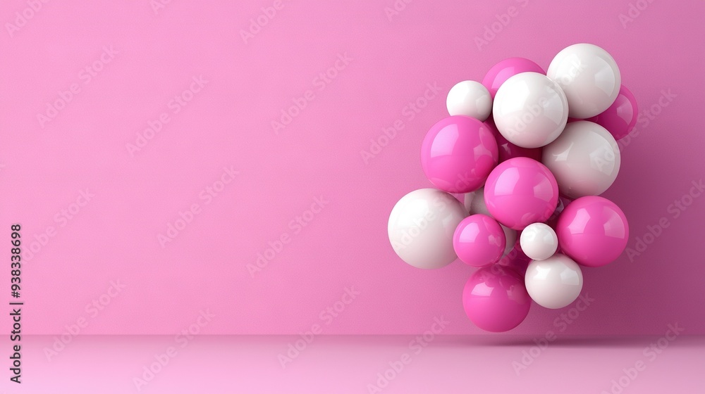Pink and white balloons float against a pink backdrop, offering space for text Pink and white balloons float against a pink backdrop, offering space for text