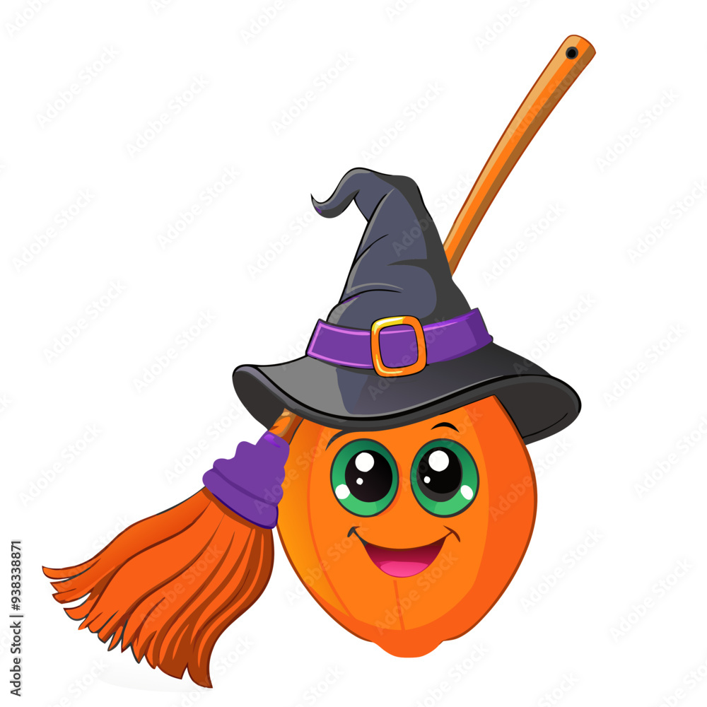 Obraz premium Playful Witch's Broom in Vibrant Orange, Purple, and Pink Colors: Cartoon Illustration Ideal for Children's Halloween Theme, Featuring Friendly and Quirky Design.